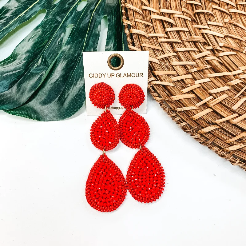 Long chandelier drop earrings for dramatic wedding looks -Glass Seed Beaded Drop Earrings in Red