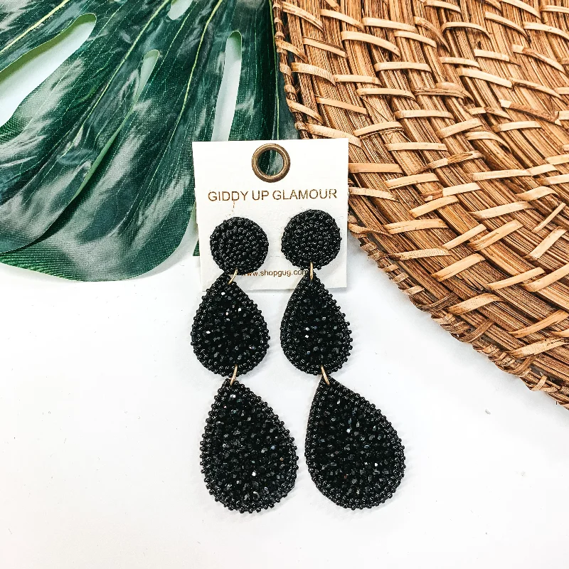 Artisanal beaded drop earrings with colorful boho vibes -Glass Seed Beaded Drop Earrings in Black