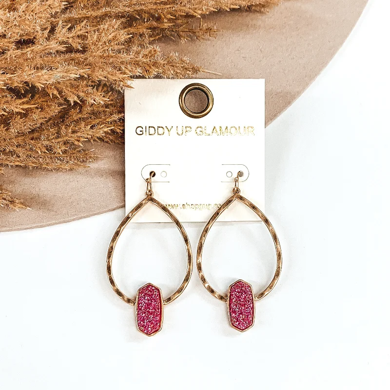 Rich obsidian drop earrings for dark bold statements -Gold Hammered Teardrop Earrings with Druzy Pendant in Fuchsia