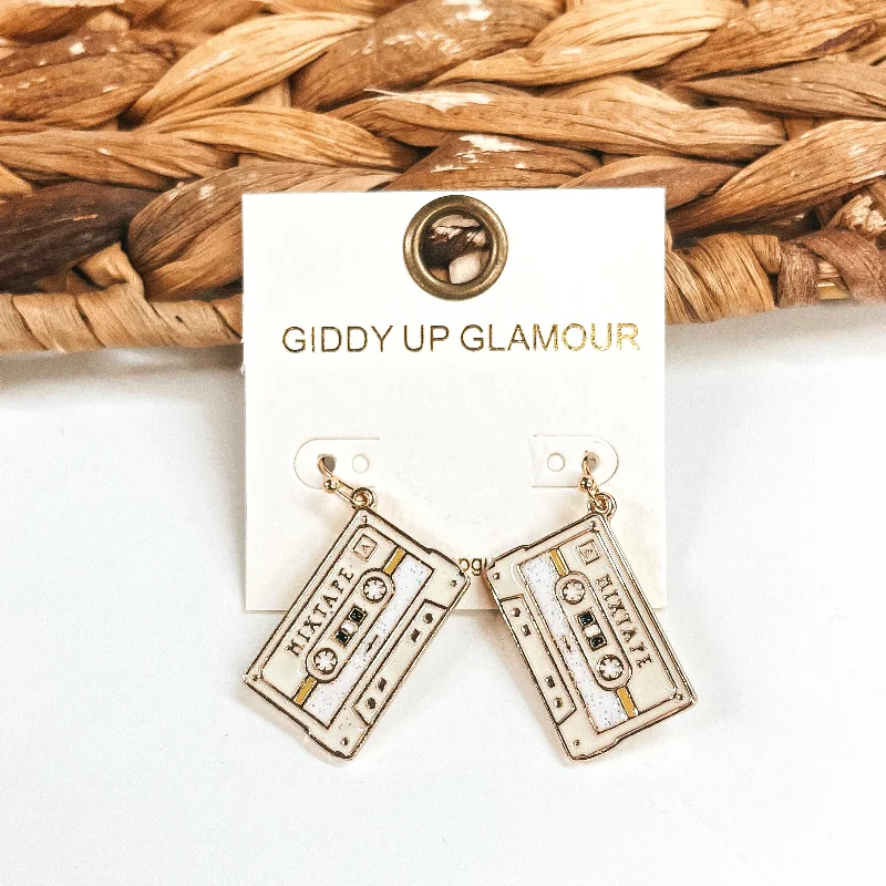 Intricate pave drop earrings glittering with tiny gems -Hearing Music Gold Tone Mixtape Drop Earrings in Ivory