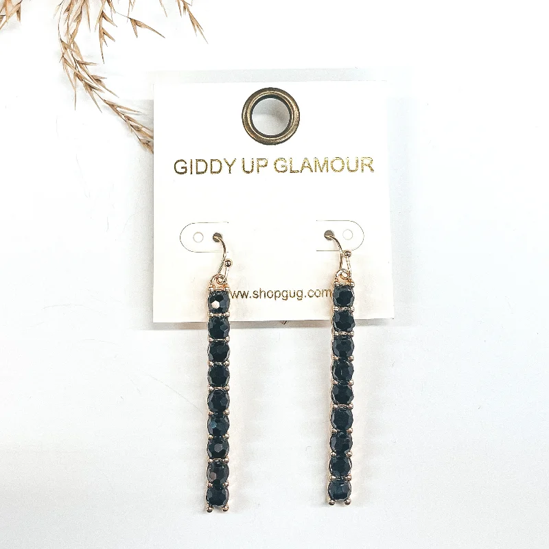 Radiant quartz drop earrings amplifying light and style -Gold Rectangle Bar Drop Earrings with Black Crystal Beads