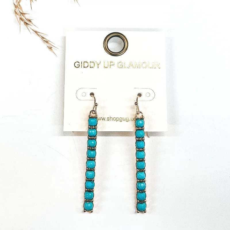 Hand-forged drop earrings showcasing raw metal beauty -Gold Rectangle Bar Drop Earrings with Turquoise Beads