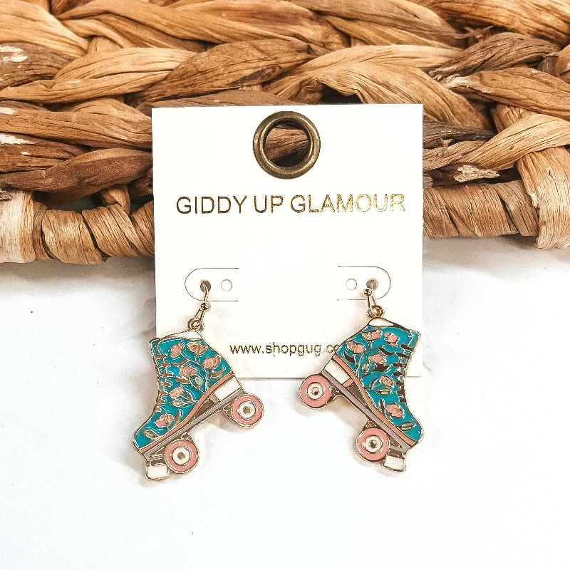 Sleek infinity drop earrings symbolizing endless style -Rink Trips Gold Tone Floral Rollerskate Drop Earrings in Turquoise