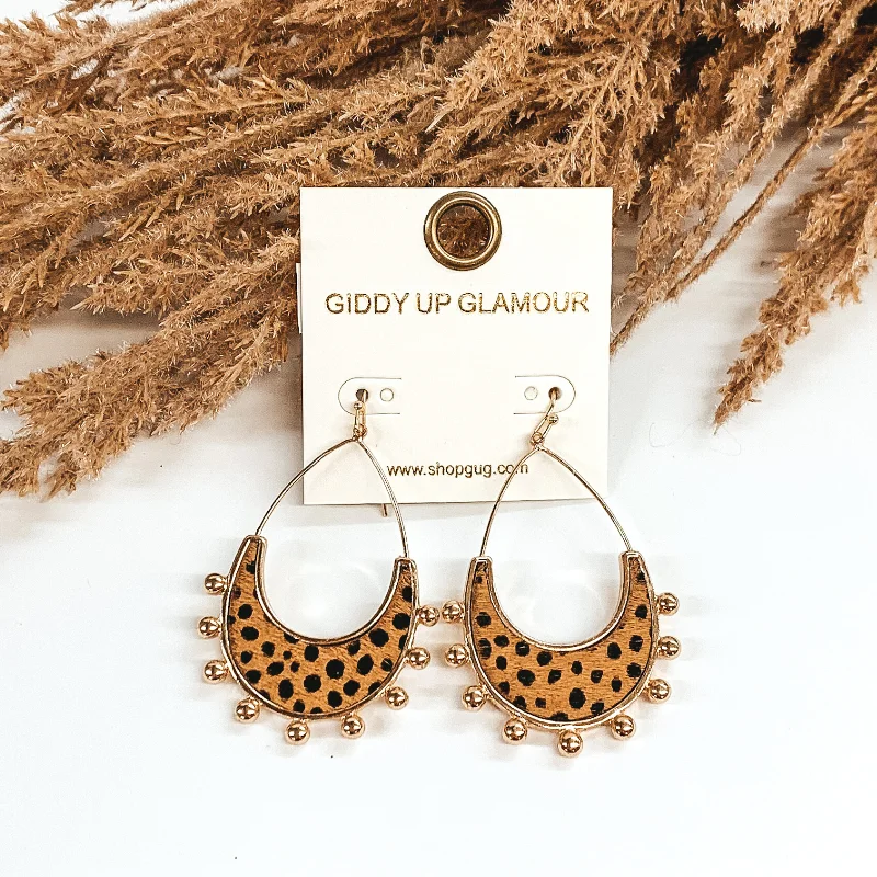 Sparkling zircon drop earrings mimicking diamond brilliance -Gold Teardrop Earrings with a Brown Dotted Print