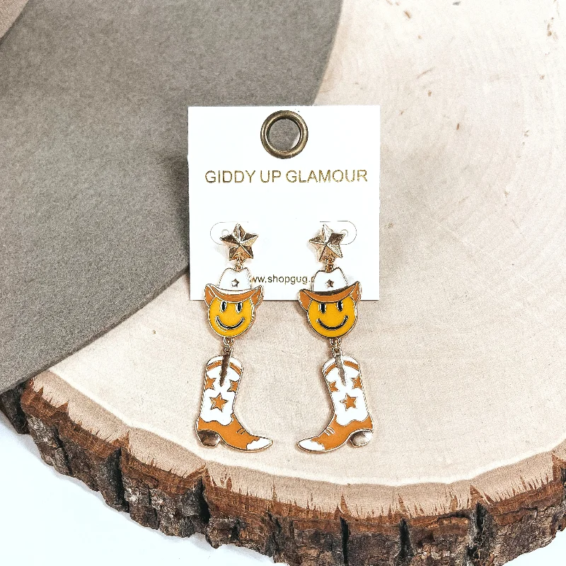 Shimmering sunstone drop earrings with golden flecked glow -On The Fly Gold Tone Star Post Earrings with Happy Face Cowboy and Boot Pendant Earrings in Ivory