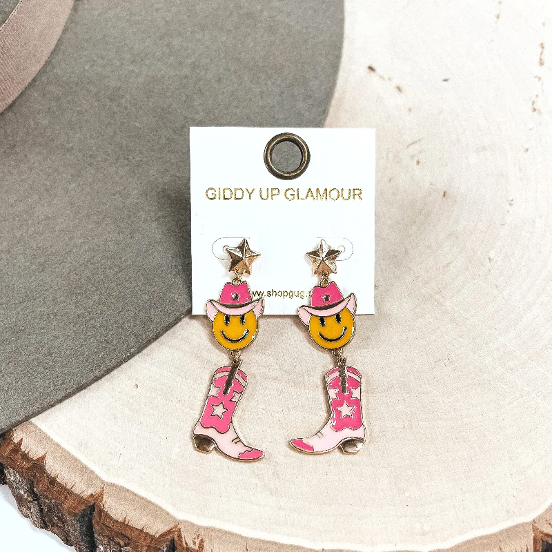 Delicate chain drop earrings with tiny gem accents -On The Fly Gold Tone Star Post Earrings with Happy Face Cowboy and Boot Pendant Earrings in Pink