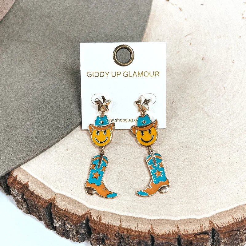 Polished rosewood drop earrings blending organic and chic -On The Fly Gold Tone Star Post Earrings with Happy Face Cowboy and Boot Pendant Earrings in Turquoise