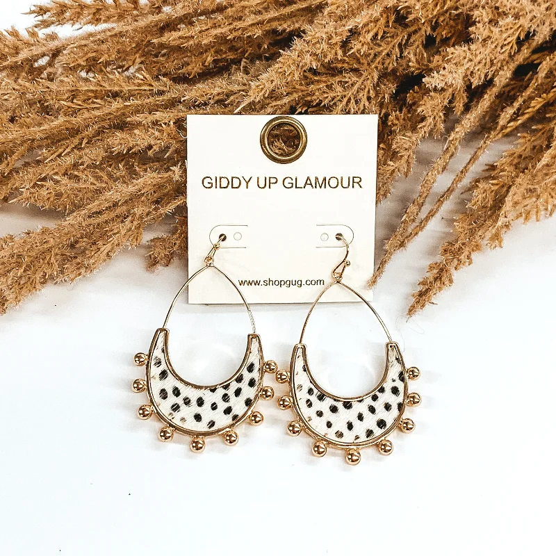 Soft velvet drop earrings offering cozy winter texture -Gold Tone Teardrop Earrings with a White Dotted Print