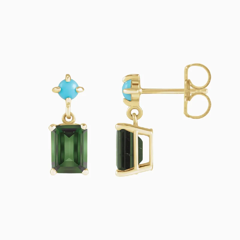 Bright tourmaline drop earrings with multicolored stone charm -Green Tourmaline and Turquoise Drop Earrings