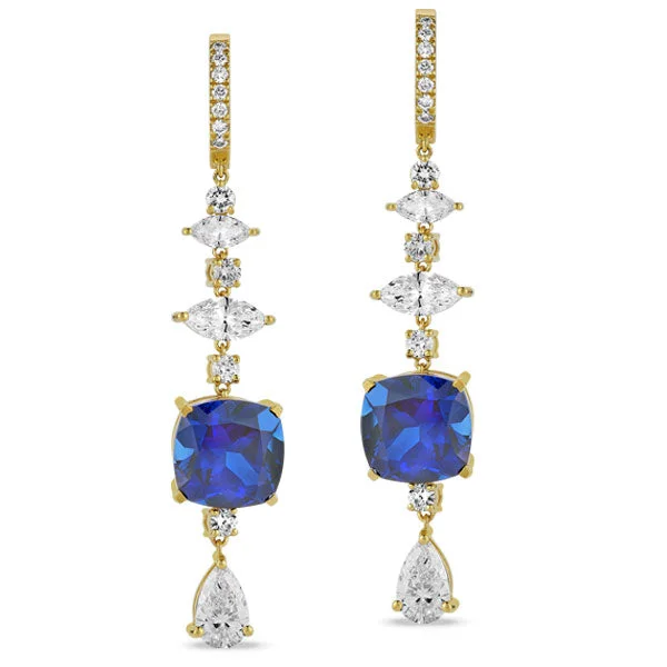 Delicate wire drop earrings for handmade subtle charm -Grown Diamond and Sapphire Fancy Drop Earrings in 14K Yellow Gold