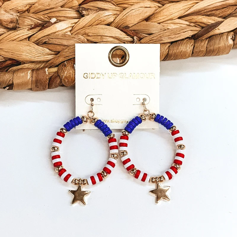 Minimalist chain drop earrings for sleek modern style -Circle Drop Earrings with Red, White, Blue Beads and Gold Star Charm