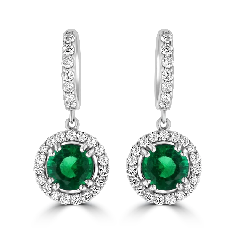 Subtle morganite drop earrings in soft peachy tones -JULEVE 2.54 CTW EMERALD & 0.92 CTW DIAMOND HALO DROP EARRINGS