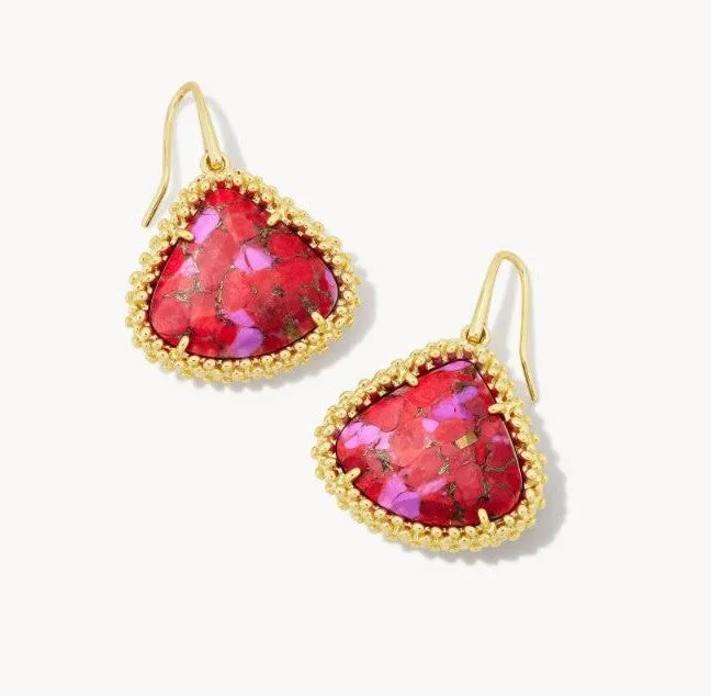 Durable titanium drop earrings resisting wear daily -Kendrall Framed Gold Plated Large Drop Earrings in Bronze Veined Red & Fuchsia by Kendra Scott