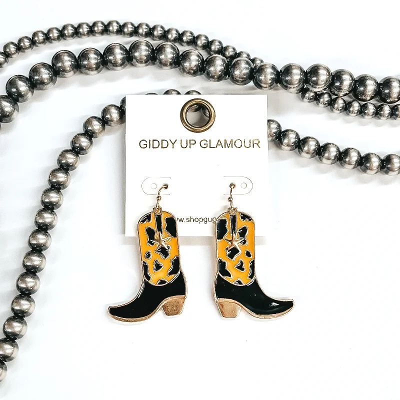 Simple teardrop drop earrings for understated chic appeal -Kick Your Boots Up Cow Print Boot Hanging Pendant Earrings in Brown and Black