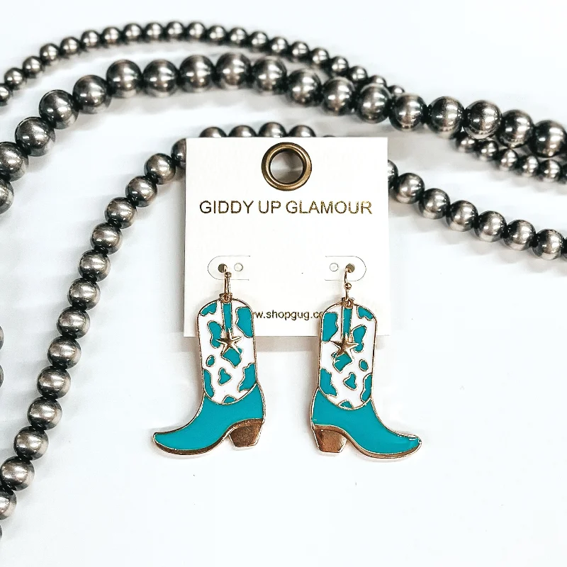 Long chandelier drop earrings for dramatic wedding looks -Kick Your Boots Up Cow Print Boot Hanging Pendant Earrings in White and Turquoise