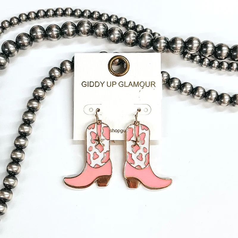 Vibrant citrine drop earrings radiating sunny golden hues -Kick Your Boots Up Cow Print Boot Hanging Pendant Earrings in White and Pink