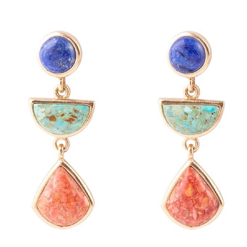 Sustainable wood drop earrings for eco-friendly fashion -Blue Lapis Turquoise and Orange Sponge Coral Colorful Golden Drop Earrings