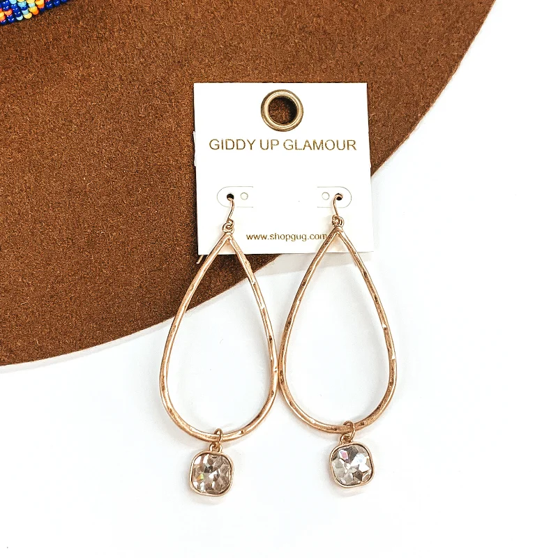 Shimmering topaz drop earrings dangling in icy blue -Large Hammered Teardrop Earrings with Clear Hanging Crystal in Gold