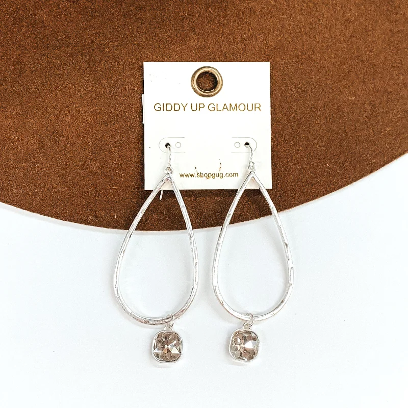 Romantic heart drop earrings symbolizing love and grace -Large Hammered Teardrop Earrings with Clear Hanging Crystal in Silver