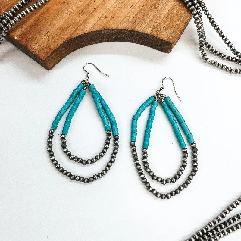 Rich garnet drop earrings exuding deep red warmth -Singing Along Layered Faux Navajo Beaded Teardrop Earrings in Turquoise and Silver Tone