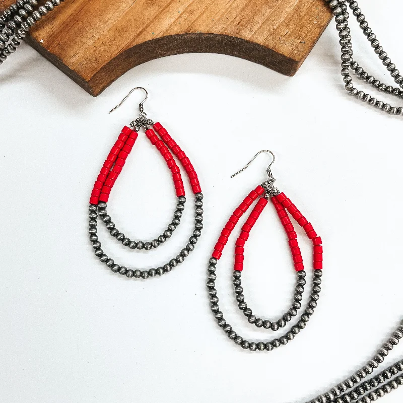 Delicate wire drop earrings for handmade subtle charm -Singing Along Layered Faux Navajo Beaded Teardrop Earrings in Red and Silver Tone