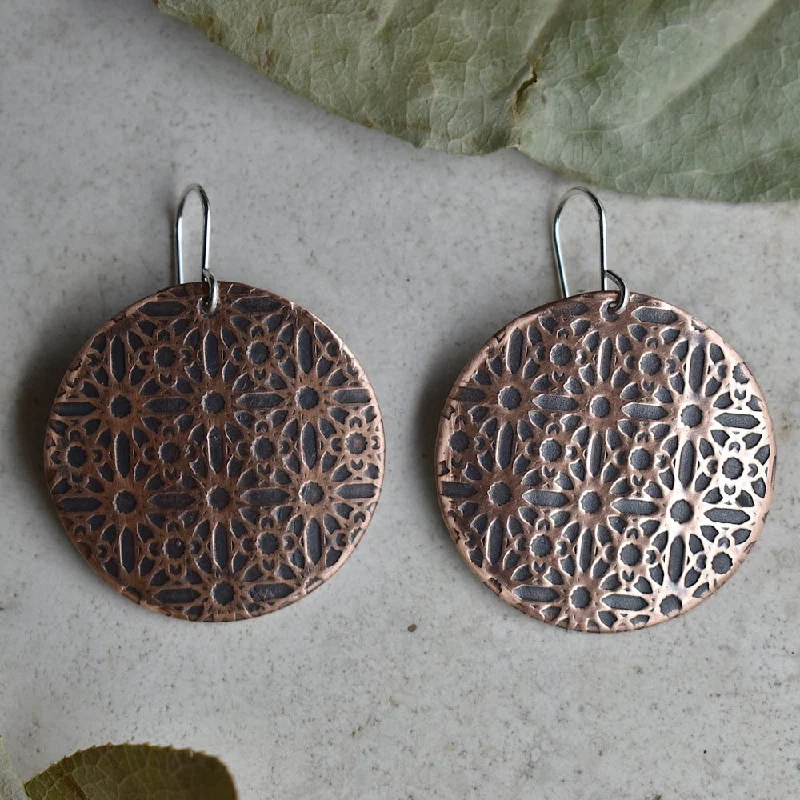 Lightweight feather drop earrings for breezy summer style -'Lines & Circles' Large Copper Disc Drop Earrings