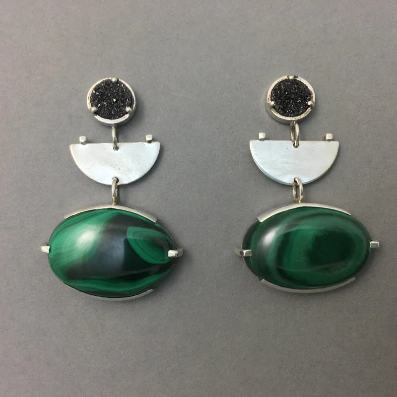 Radiant zircon drop earrings swaying with brilliance -MALACHITE & BLACK DRUZY DROP EARRINGS