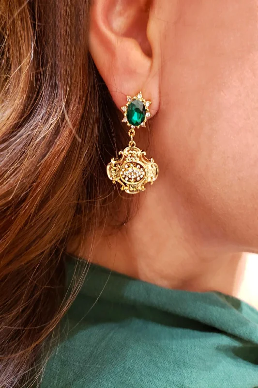 Bold malachite drop earrings with green swirled charm -Mary Emerald and Gold Drop Earrings | Royal Ornate Gold Embossment with Oval Emerald Gemstone | Everyday and Formal Occasion Earrings | Wedding Season Jewelry