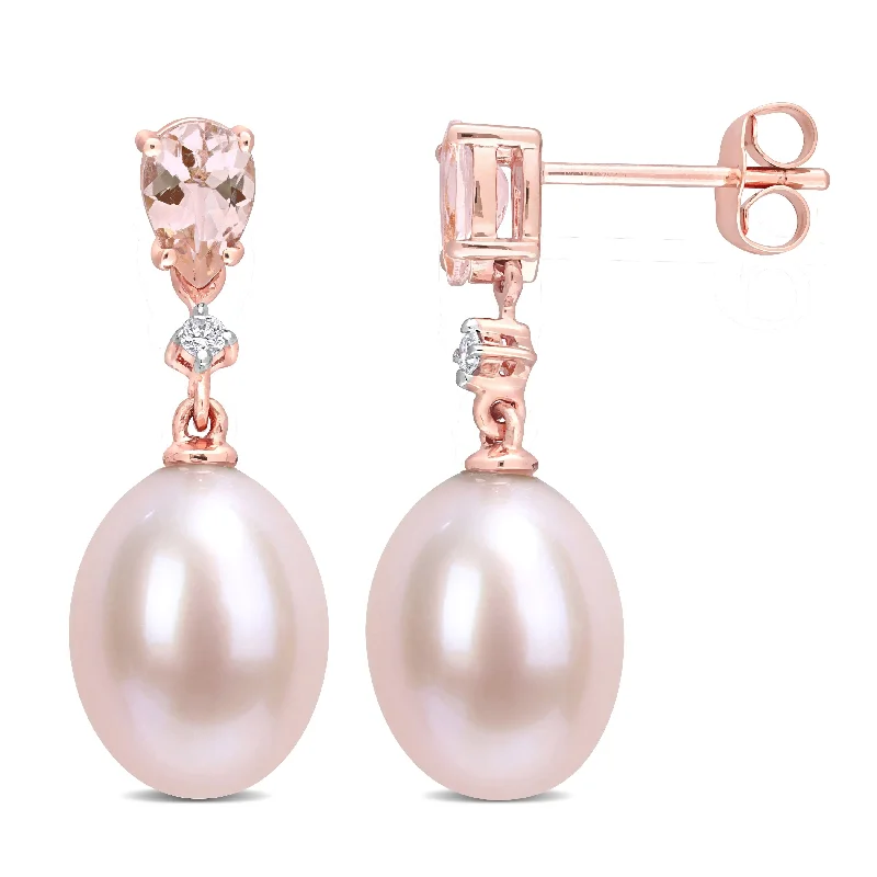 Sculptural bronze drop earrings for artistic bold dangles -Miadora 10k Rose Gold Pink Cultured FW Pearl, Morganite and Diamond Accent Drop Earrings (9-9.5mm)