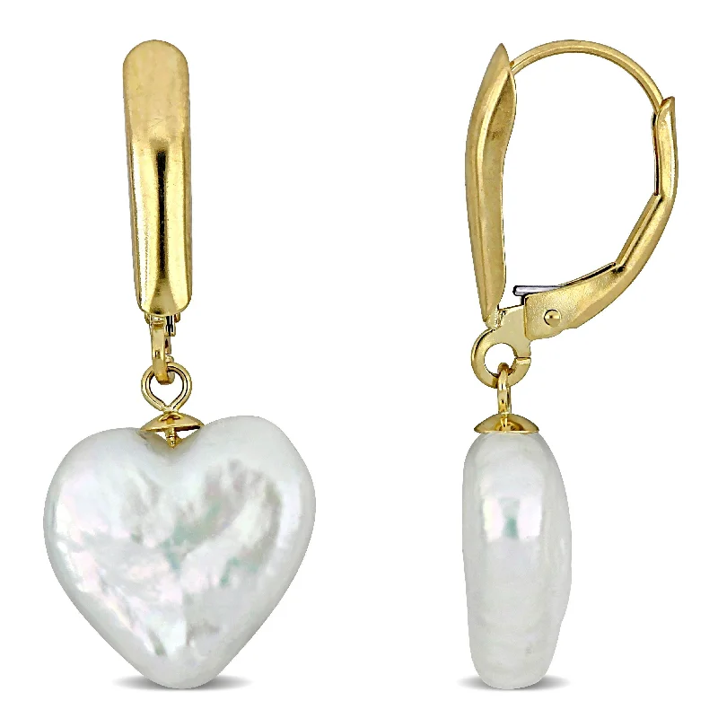 Regal jade drop earrings with calming green depth -Miadora 12-12.5mm Cultured Freshwater Pearl Heart-shaped Leverback Drop Earrings in 14k Yellow Gold