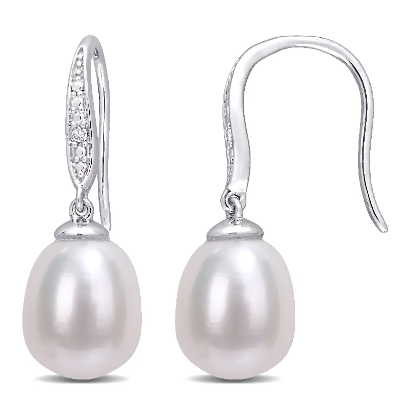 Intricate pave drop earrings glittering with tiny gems -Miadora Sterling Silver Cultured Freshwater Pearl and Diamond Accent Drop Earrings (8.5-9mm)