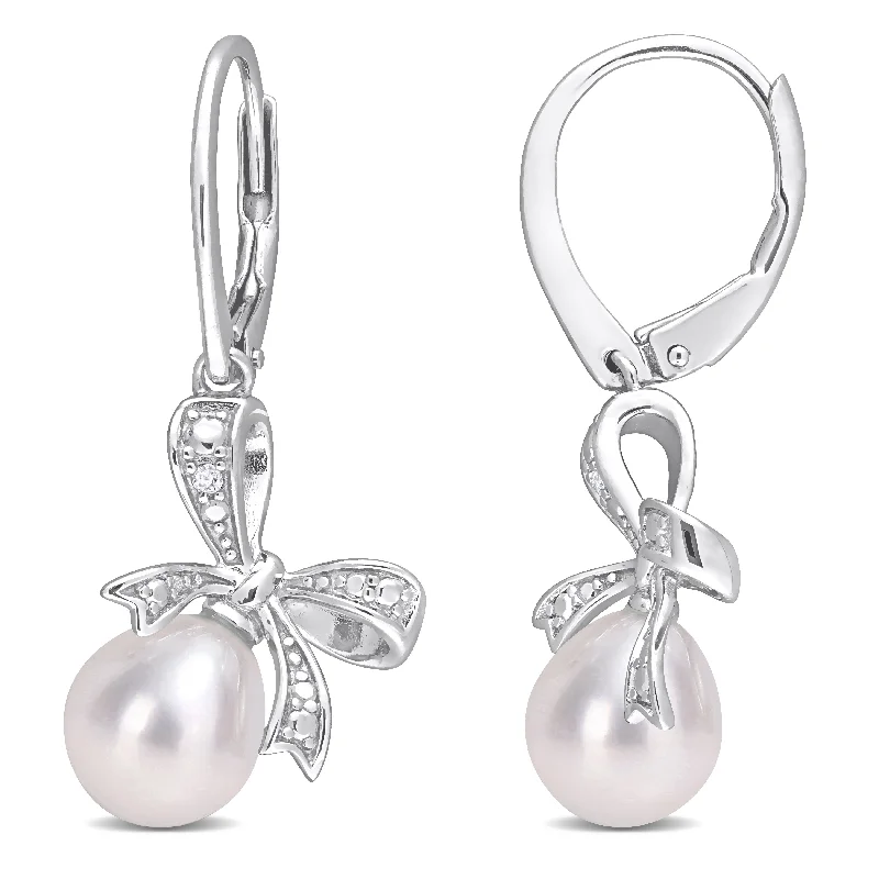 Sleek infinity drop earrings symbolizing endless style -Miadora Sterling Silver Cultured FW Pearl & Diamond Accent Bow Leverback Drop Earrings (7.5-8mm)