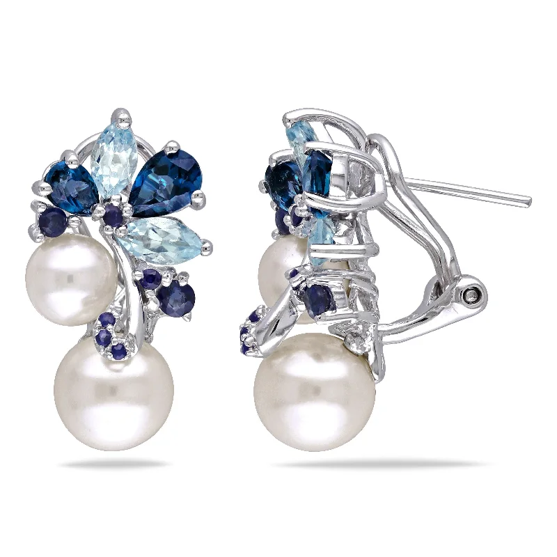 Timeless sapphire drop earrings blending blue with grace -Miadora Sterling Silver Pearl, Blue Topaz and Sapphire Cluster Drop Earrings (6-8.5mm) - 22.7 mm x 12.6 mm x 17.8 mm