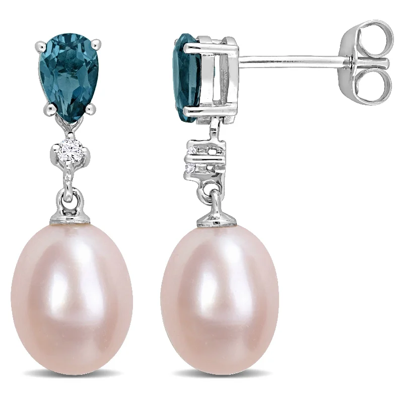 Luminous pearl drop earrings enhancing bridal elegance -Mimi & Max 8-8.5mm Cultured Freshwater Pink Pearl 1ct TGW Pear-Cut Blue Topaz and Diamond Accent Drop Earrings in 10k White Gold