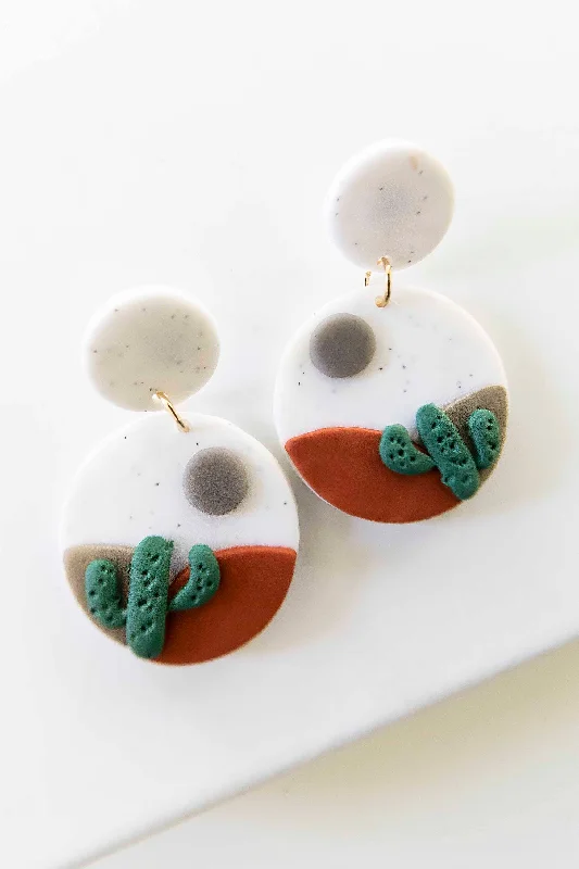 Fiery chalcedony drop earrings with translucent orange glow -Mojave Clay Cactus Earrings | White and Rust Circle Clay Drop Earrings | Desert Scene Handmade Earrings | Southwest Style Accessories | Road Trip Earrings