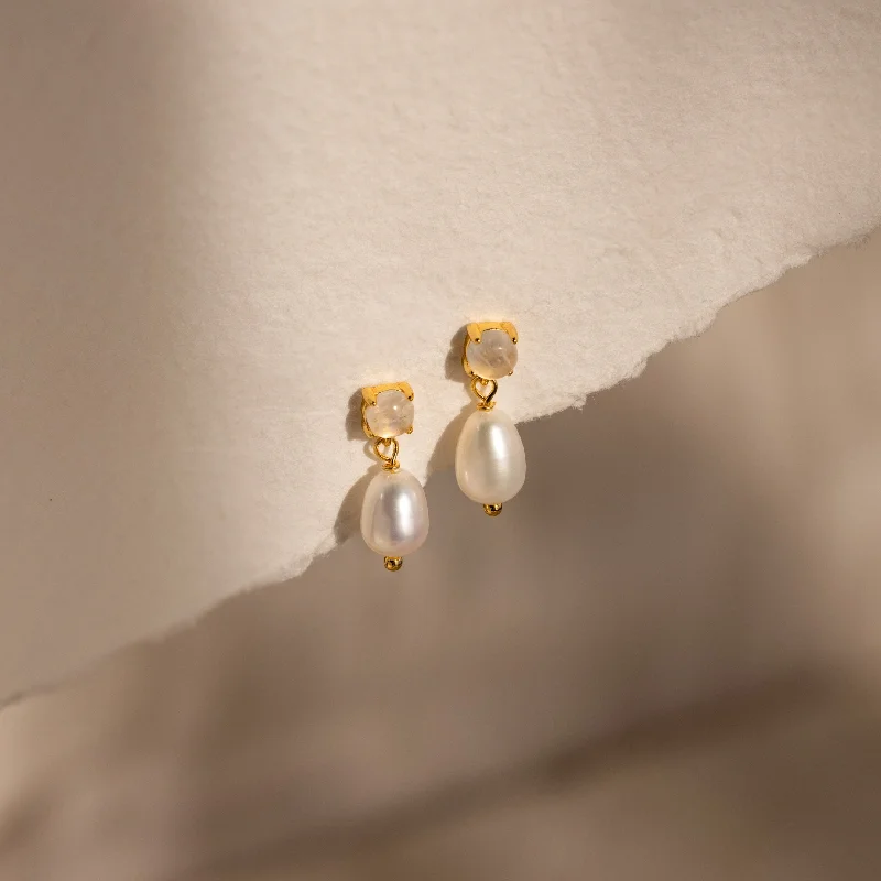 Classic pearl drop earrings for timeless dangling beauty -Moonstone Pearl Drop Earrings