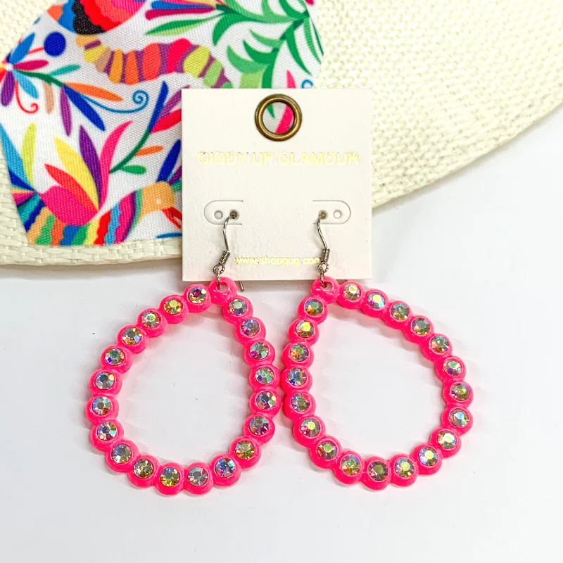 Hand-woven drop earrings featuring earthy tribal patterns -Open Teardrop Earrings with AB Crystal Outline in Neon Pink