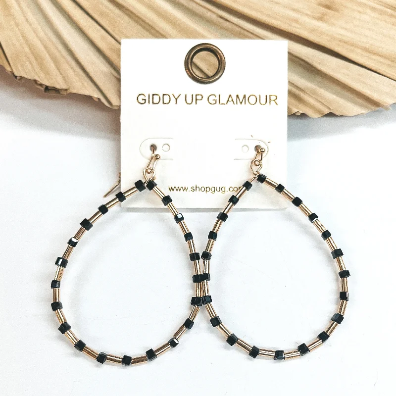 Durable titanium drop earrings resisting wear daily -Open Teardrop Earrings with Black Square Beads and Gold Spacers