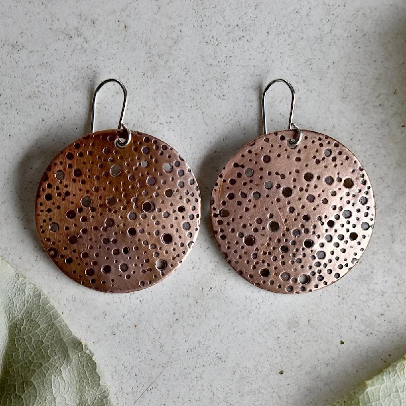 Affordable silver drop earrings perfect for daily wear -Oxidized Dots Large Copper Disc Drop Earrings