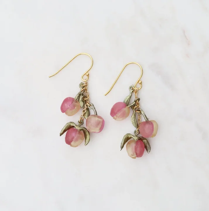 Bold ruby drop earrings adding fiery red flair -Peach Tree Three Drop Earrings