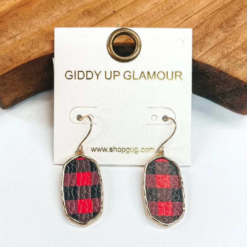 Sunny citrine drop earrings for cheerful golden drops -Rectangular Gold Drop Earrings in Red and Black Buffalo Plaid