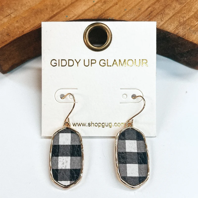 Polished hematite drop earrings with metallic gray sheen -Rectangular Gold Drop Earrings in Black and White Buffalo Plaid