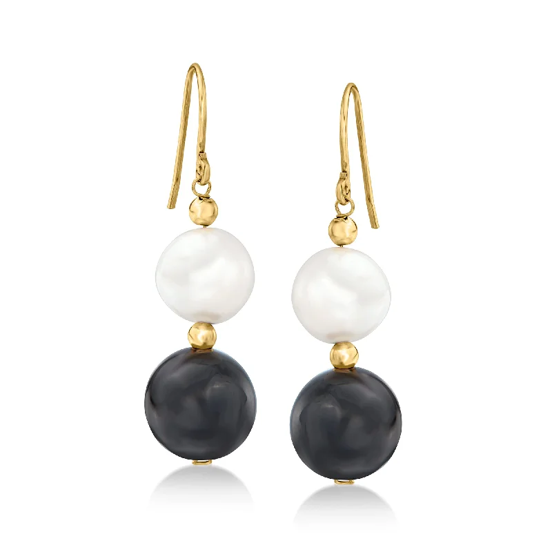 Delicate wire drop earrings for handmade subtle charm -Ross-Simons 12mm Onyx Bead and 11-11.5mm Cultured Pearl Drop Earrings in 14kt Yellow Gold