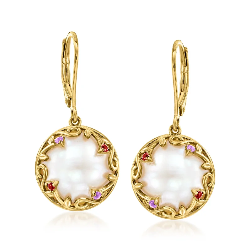 Dazzling emerald drop earrings swaying with green sparkle -Ross-Simons 13.5-14mm Cultured Mabe Pearl Drop Earrings With Amethyst and Garnet Accents in 18kt Gold Over Sterling