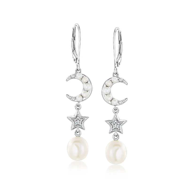 Lightweight feather drop earrings for breezy summer style -Ross-Simons 2-7.5mm Cultured Pearl Celestial Drop Earrings With Diamond Accents in Sterling Silver