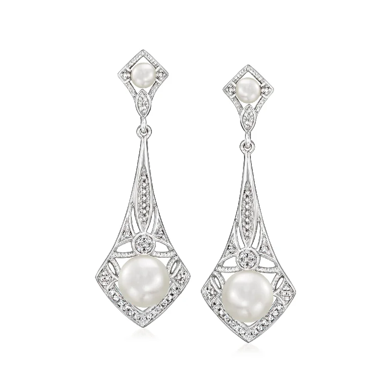 Subtle morganite drop earrings in soft peachy tones -Ross-Simons 3.5-7.5mm Cultured Pearl and . Diamond Vintage-Style Drop Earrings in Sterling Silver