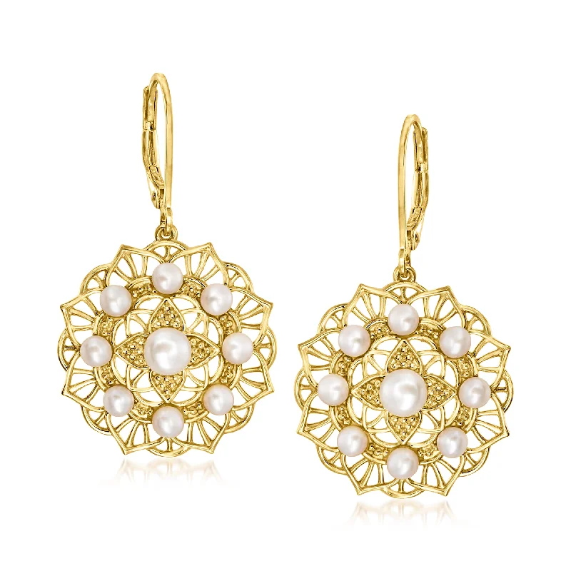 Vintage pearl drop earrings with classic gold settings -Ross-Simons 3-5mm Cultured Pearl Floral Filigree Drop Earrings in 18kt Gold Over Sterling