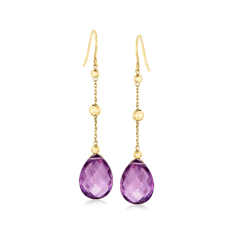 Vibrant citrine drop earrings radiating sunny golden hues -Ross-Simons Amethyst Drop Earrings With Bead Stations in 14kt Yellow Gold