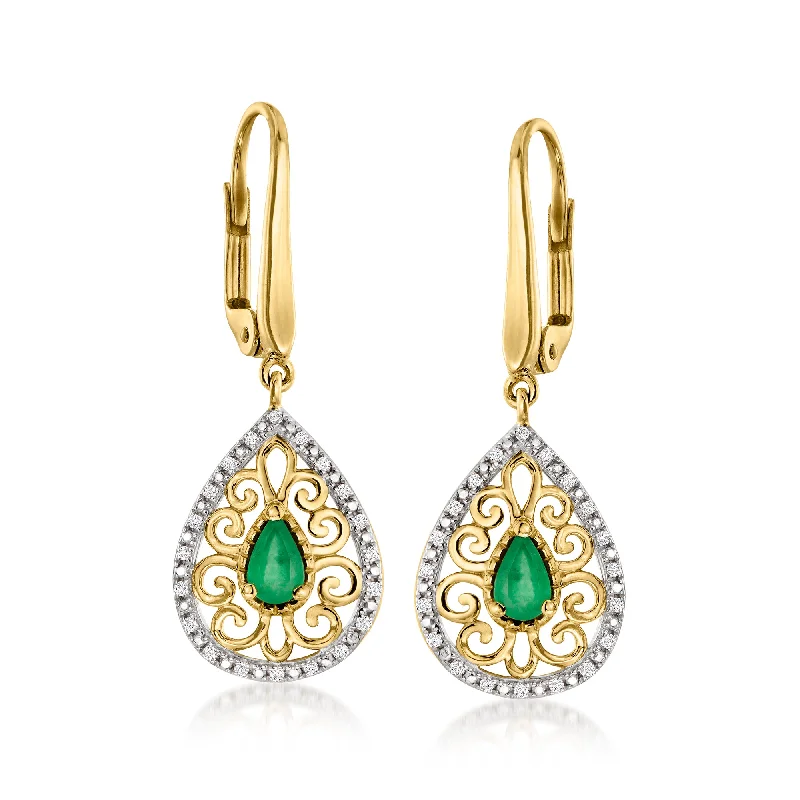 Handcrafted opal drop earrings glowing with iridescent charm -Ross-Simons Emerald and . Diamond Drop Earrings in 14kt Yellow Gold