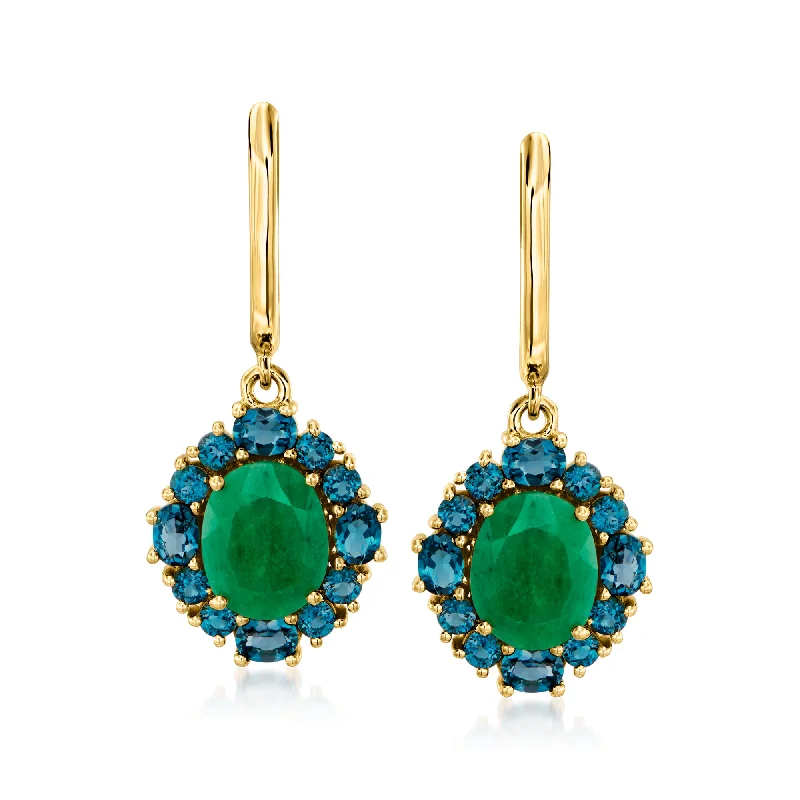 Shimmering sunstone drop earrings with golden flecked dangles -Ross-Simons Emerald and London Blue Topaz Drop Earrings in 18kt Gold Over Sterling